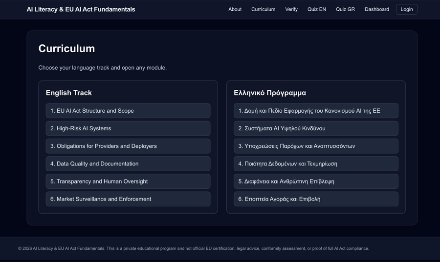 EU AI Act Lessons — bilingual AI compliance learning platform